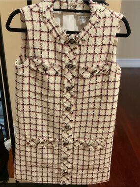 Veronica Beard Cream Tweed Shift Dress with Pink Windowpane